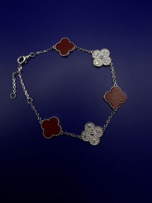 925 Sterling Silver Moissanite Clover Bracelet – Red Clover Style | Size 6-7-8