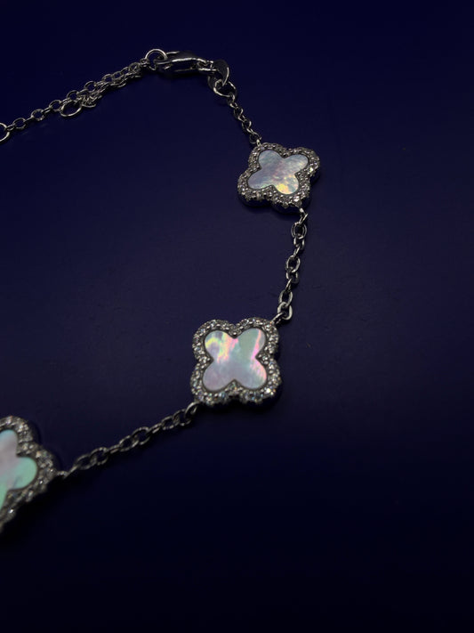 925 Sterling Silver Moissanite Clover Bracelet – White Opal Style | Sizes 6–7-8