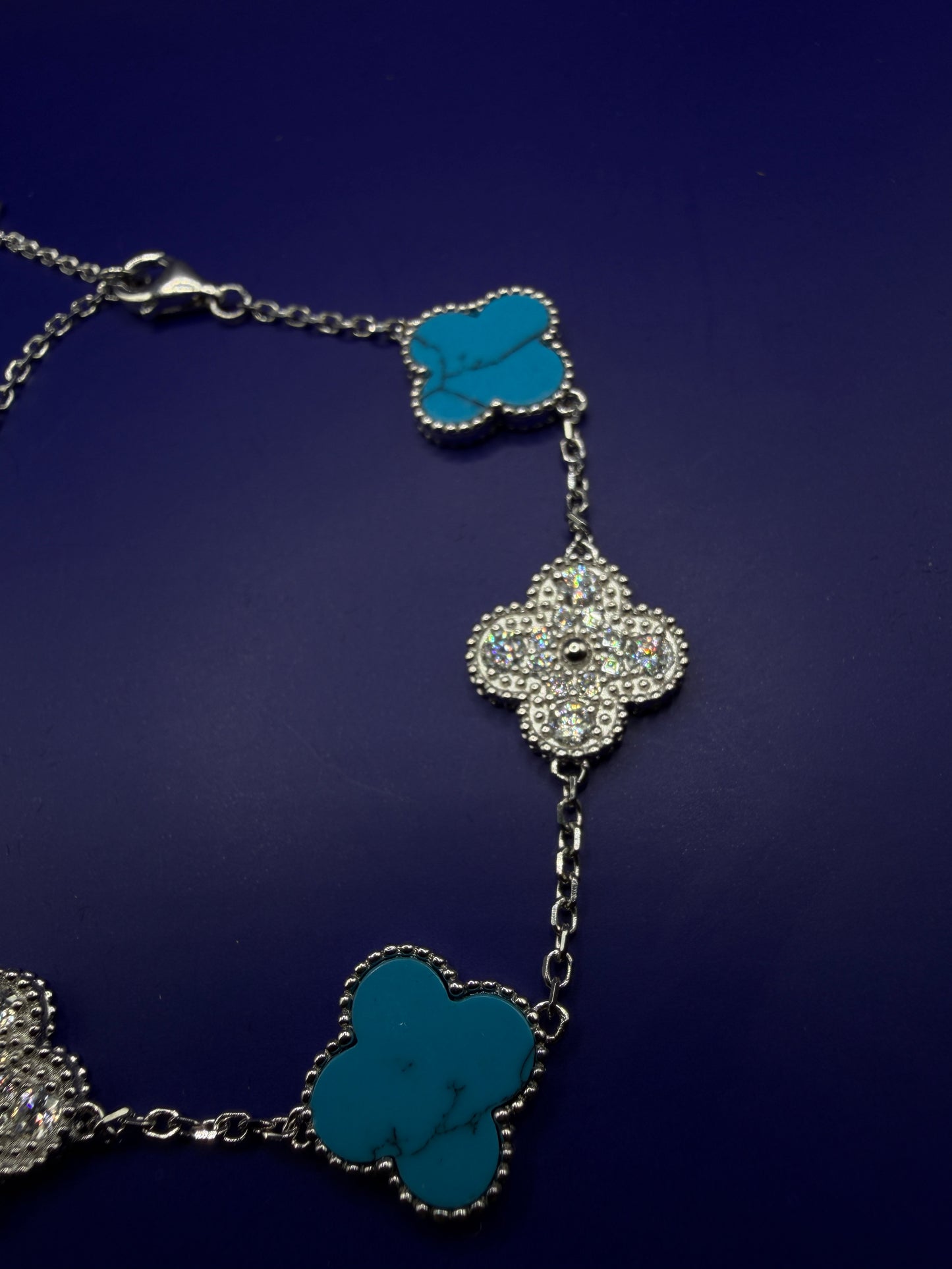 925 Sterling Silver Moissanite Clover Bracelet – Turquoise Style | Size 6–7-8