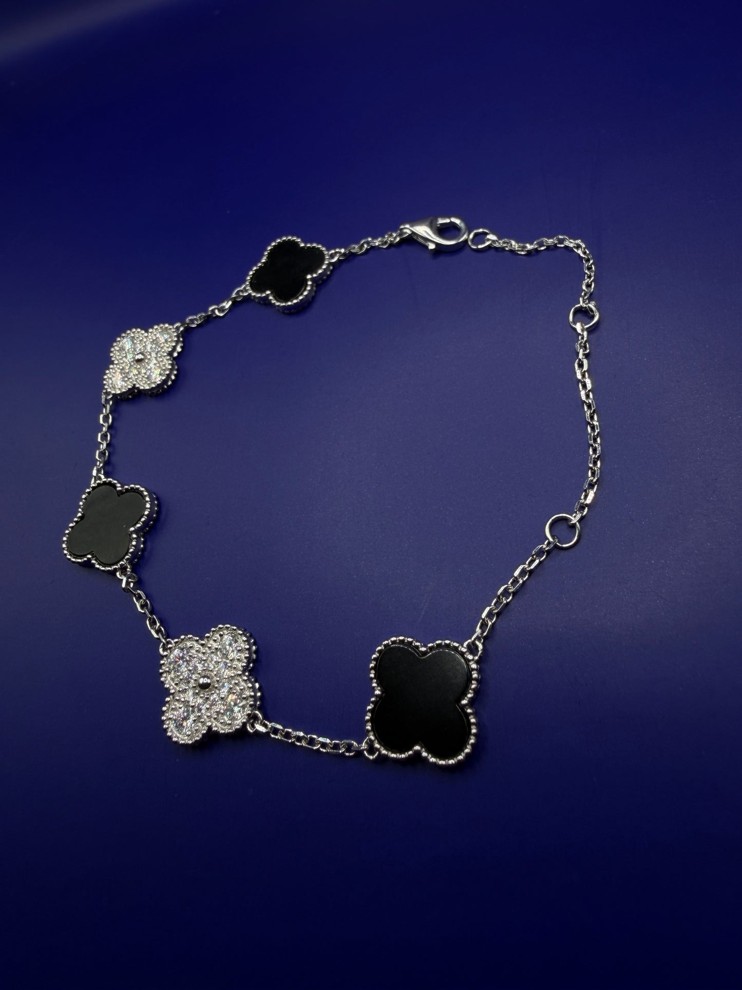 925 Sterling Silver Moissanite Clover Bracelet – Black Clover Style | Size 6-7-8