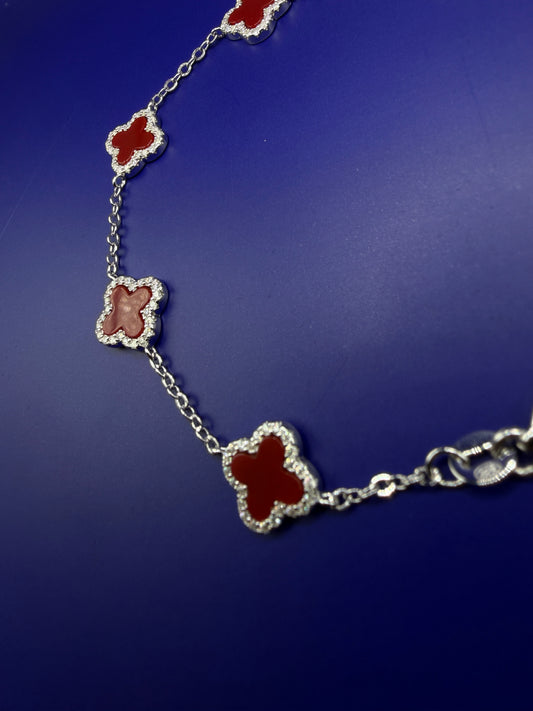 925 Sterling Silver Moissanite Clover Bracelet – Ruby Red Clover Style | Sizes 6–7-8