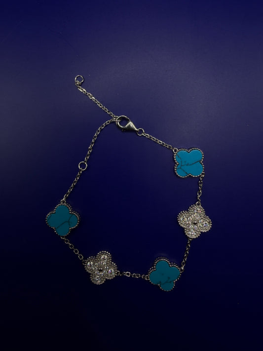 925 Sterling Silver Moissanite Clover Bracelet – Turquoise Style | Size 6–7-8