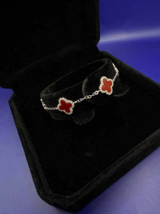 925 Sterling Silver Moissanite Clover Bracelet – Ruby Red Clover Style | Sizes 6–7-8