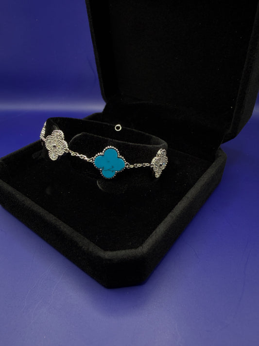 925 Sterling Silver Moissanite Clover Bracelet – Turquoise Style | Size 6–7-8