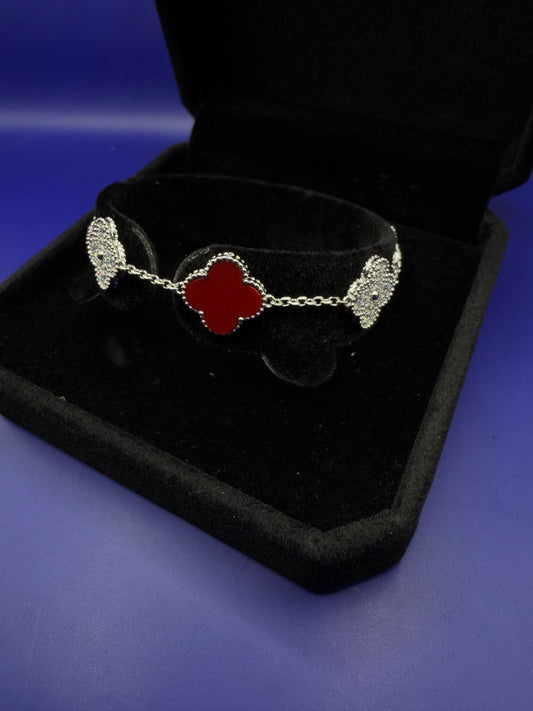 925 Sterling Silver Moissanite Clover Bracelet – Red Clover Style | Size 6-7-8