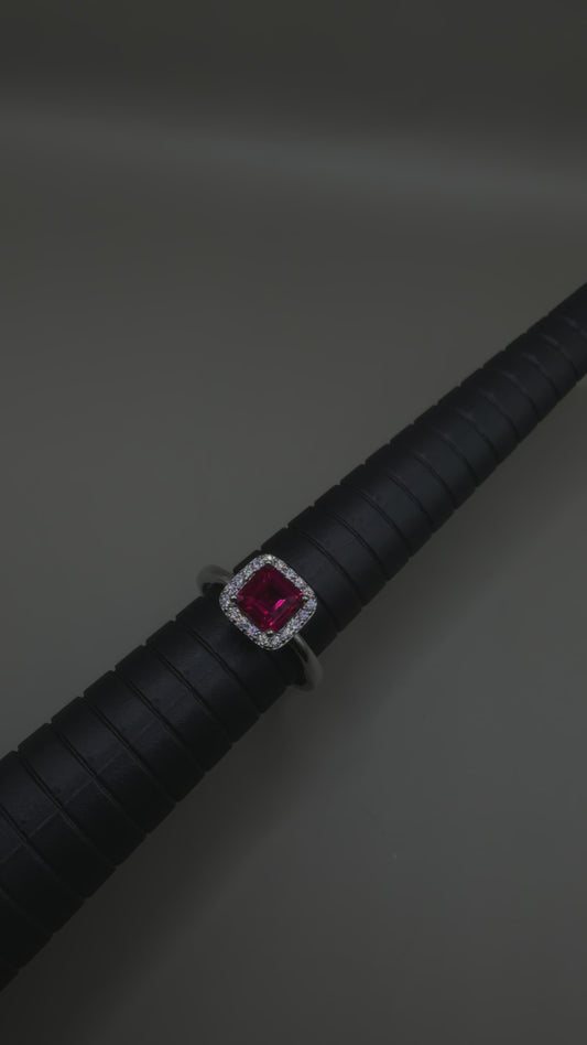 Ruby Red Corundum Ring – 925 Sterling Silver Halo Setting (Size 7)